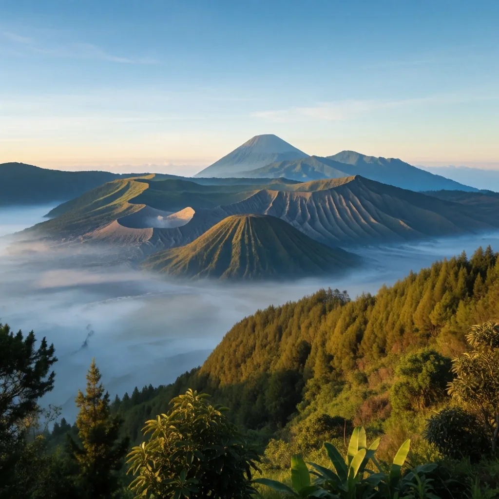 Misty volcanic highlands of Java at dawn
