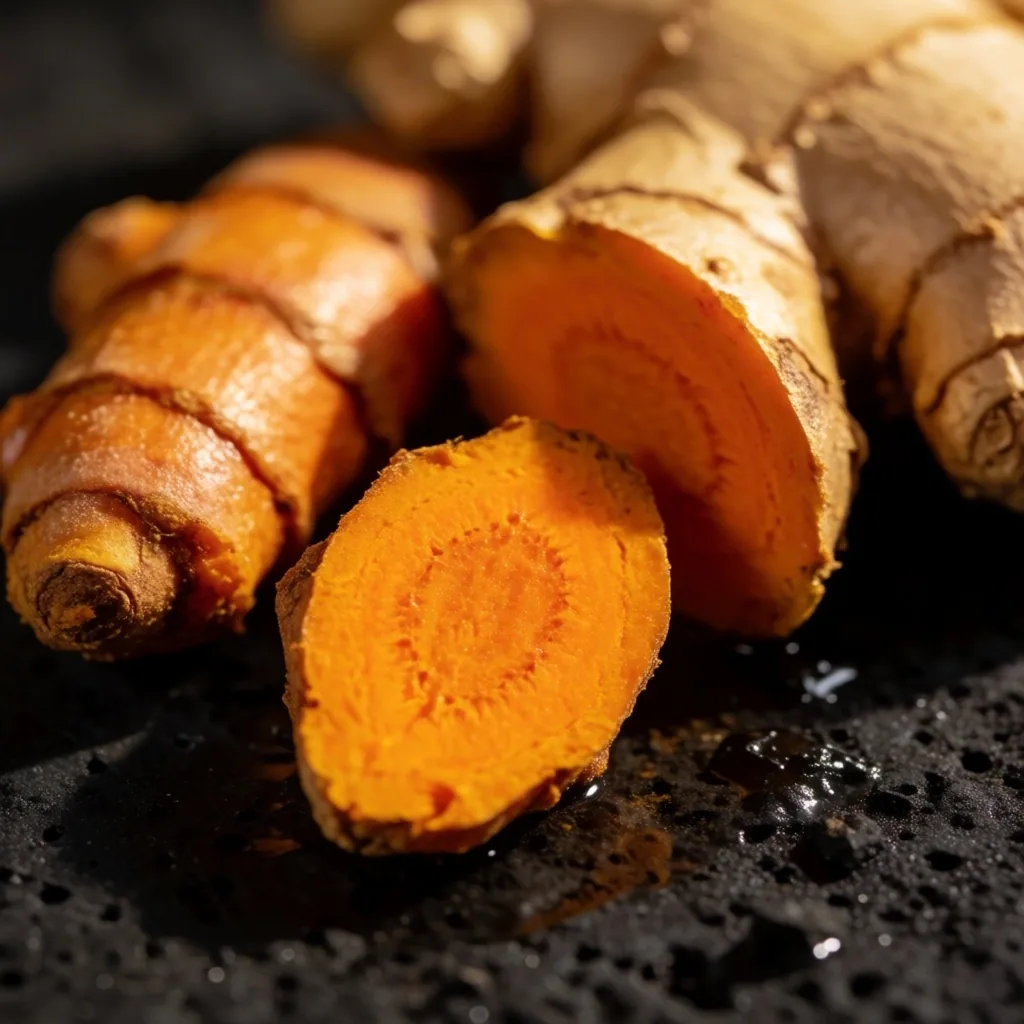 Fresh turmeric and ginger root on volcanic basalt stone