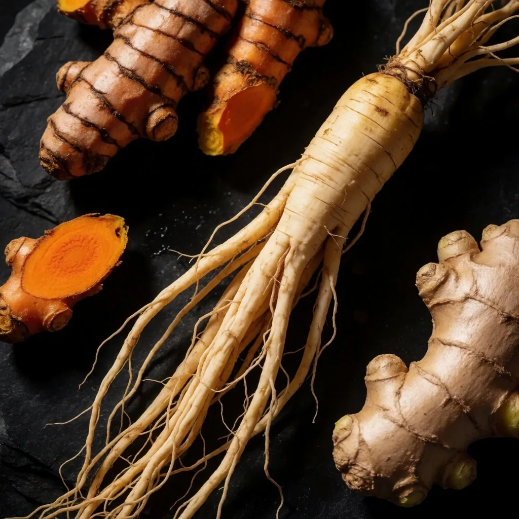 Fresh ginseng roots, turmeric, and ginger on volcanic basalt stone