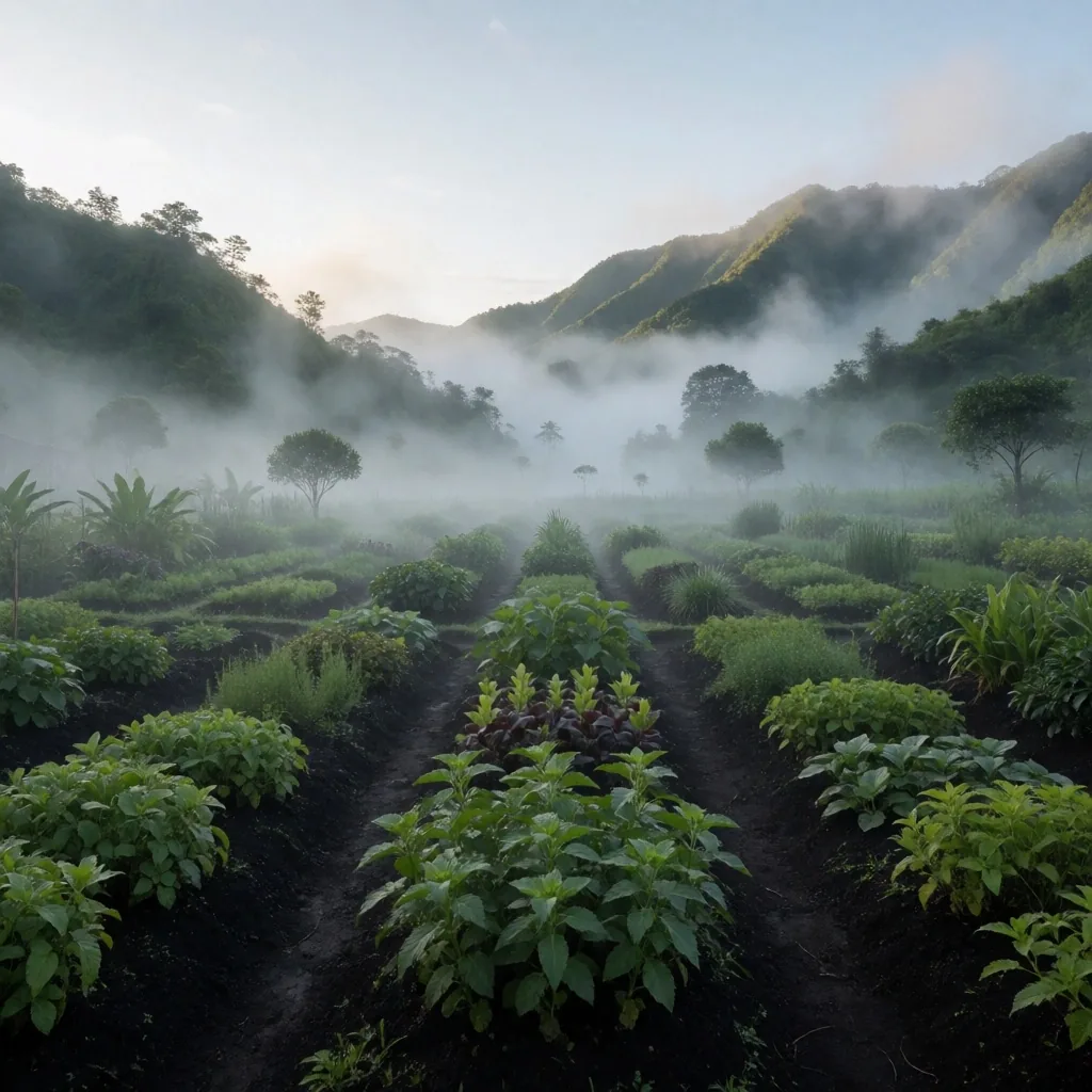 Misty Javanese highland botanical gardens at dawn