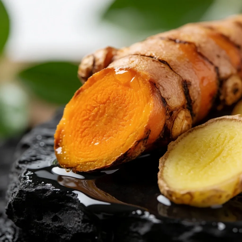 Fresh turmeric and ginger on volcanic basalt stone